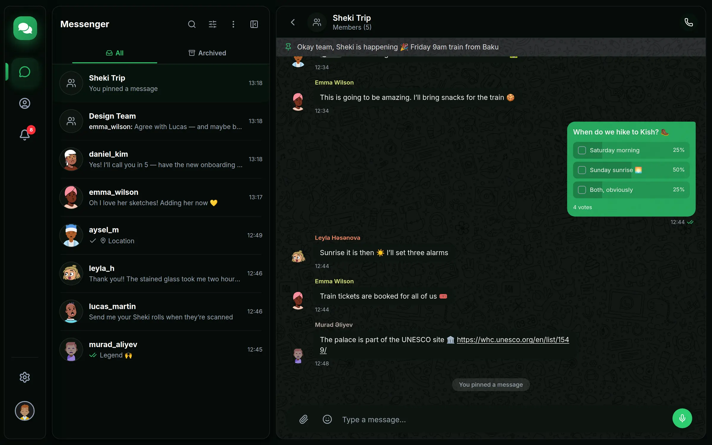 The Sheki Trip group: a pinned message, a poll, mentions and replies